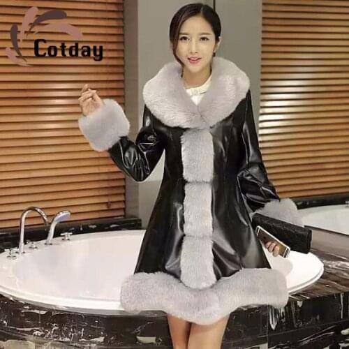 Cotday Solid Office Lady V-Neck Fashion Fur Coat For Womens Autumn Long Style Fox Cotton Dress Winter Warm Ladies Coats