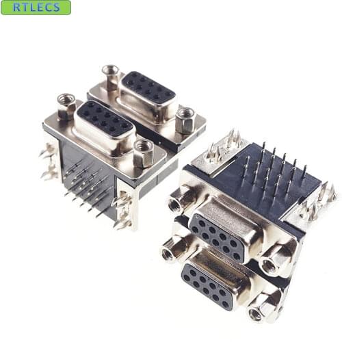 D-sub Connector Stacked 0.625 Center Dual Port Right Angle 9 Pin Female over Female through holes 9 Position