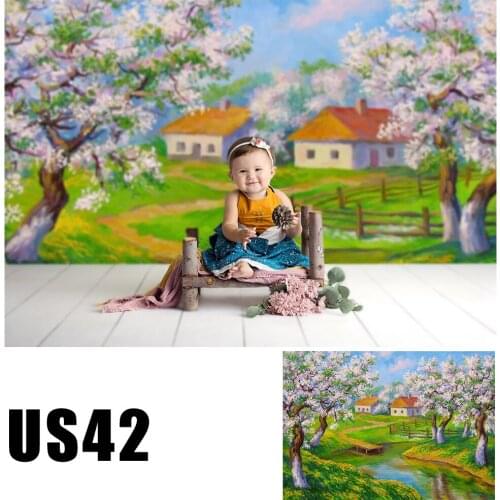 Baby Photo Booth Background Oil Painting Pink Flowering Trees Photography Backdrop Rivulet Countryside Studio Portrait Wallpaper
