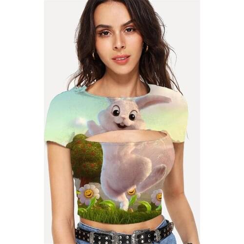 Somepet Animal T shirt Women Rabbit Tshirts Casual Flower Navel Bare Lovely Tshirt Printed Womens Clothing Hip Hop Short Slim