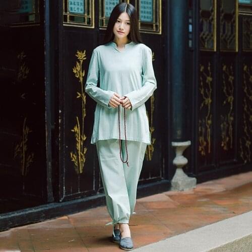 Cotton Linen Fabric Woman Blouse Sets Traditional Chinese Clothing For Women Tai Chi Kung Fu Tea Uniform Meditation Clothes