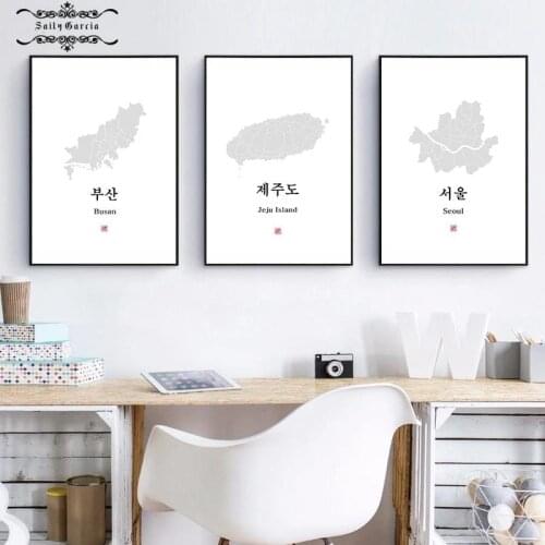 Seoul Korea Busan and Jeju Island Map Poster and Print Korean Letters South Korea Map Canvas Painting for Living Room Home Decor