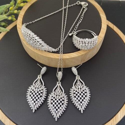 Lanyika Fashion Jewelry Set Hollow Twill Zirconia Micro Pave Necklace with Earring, Bracelet and Ring for Woman Banquet Gift