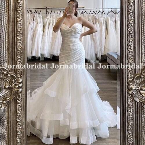 Sweetheart Mermaid Wedding Dresses With Tiered Tulle Skirt Sexy White Pleats Satin Corset Back Bridal Gowns Vestido De Mujer