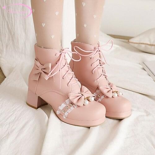 Sweet style warm winter plush round toe ankle boots bowknot lace-up beading medium with thick heels riding boots womens shoes
