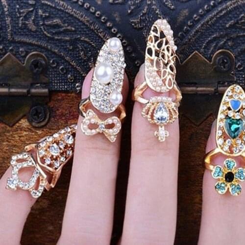 Newest Design Cute Rhinestone Bowknot Crown Pattern Art Crystal Finger Nail Rings For Women Gold Silver Color Jewelry Gifts