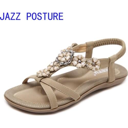 2020 new beach seaside sweet bohemia flower rhinestone flat womens sandals sandalias de mujer verano 2020 q475