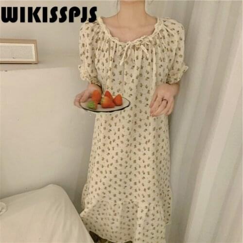 2021 Summer New Idyllic Small Floral Dress Lace Stitching Lace Up Short Sleeve Girls' Home Wear Sleeping Dress Nighty for Ladies