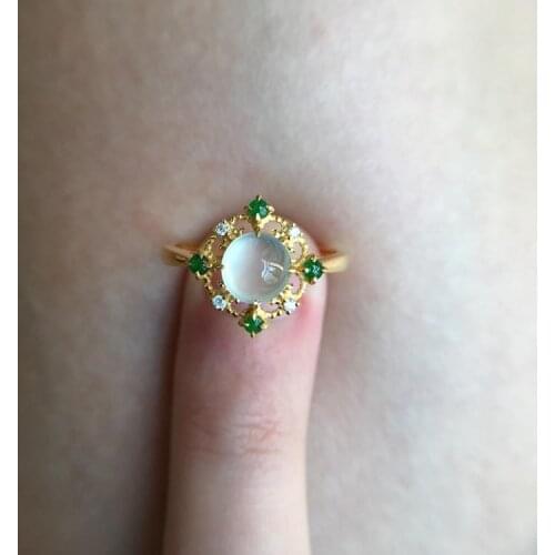 Original design natural white ice chalcedony egg noodle opening adjustable ring retro palace style noble women silver jewelry