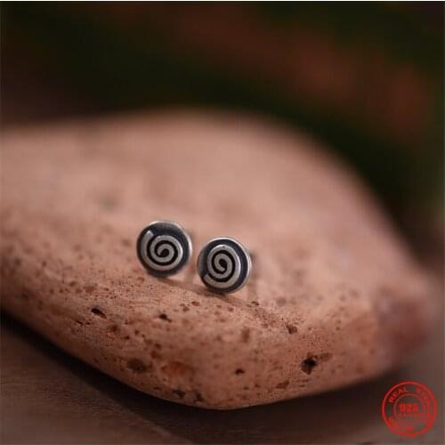 MKENDN Men Women Retro Exquisite Personality Swirl Round Stud Earrings Punk Hip-Hop Unisex Earrings 925 Sterling Silver Jewelry