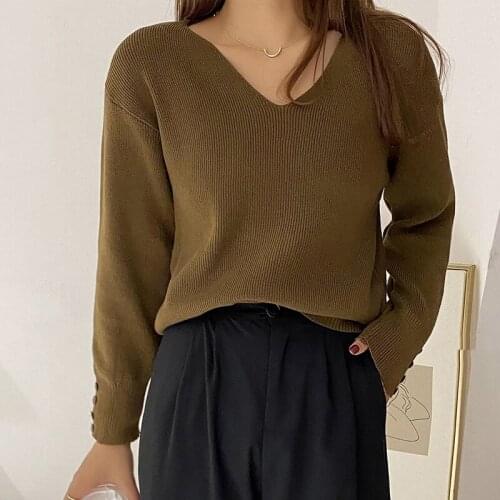 Loose Soild Knitted Pullover Sweaters Women V Neck Long Sleeve Casual Outwear Sweater Pull Femme Pullovers Sweter Mujer 2021