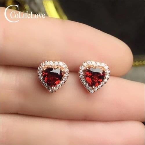 CoLife Jewelry 925 Silver Heart Stud Earrings 5mm Natural Garnet Silver Earrings for Daily Wear Sterling Silver Garnet Jewelry