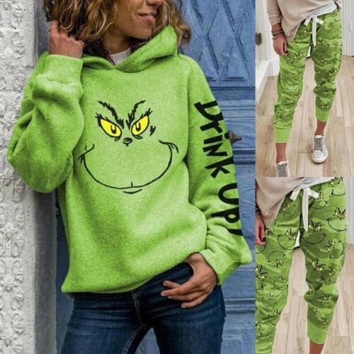 Women Grinch Hoodie Sweatshirts Print Casual Trousers and Grinch Face Drink Up Christmas Hoodies for Girl Durable Fashionable