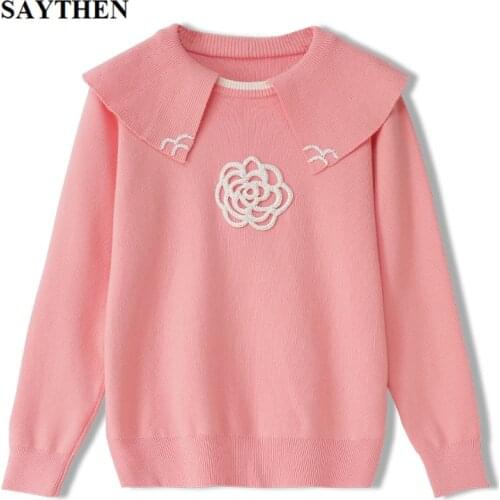 Saythen Doll collar pullover beaded flower long-sleeved sweet and cute sweater women 2020 autumn and winter new product