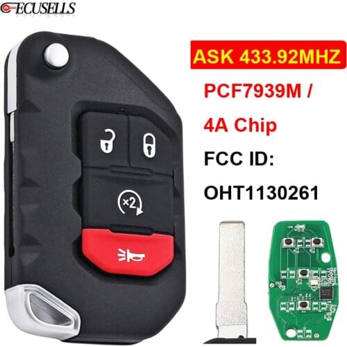 4 Button Remote Car Key ASK 433.92MHz PCF7939M HITAG AES 4A Chip FCC ID: OHT1130261 for Jeep Wrangler JL 2018 2019 SIP22 Blade
