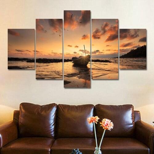 5Pcs Canvas Painting Wall Art Boat Sunset Seascape Picture Modular Poster Modern HD Print Home Decor Living Room Bedside Mural