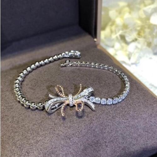 925 Sterling Silver elegant rhinestone bowknot Charm Bracelets Bangle romantic crystal bow tie bracelet wedding party jewelry