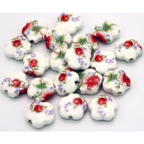 10pcs/lot Flower Flat Ceramic Beads 15x6mm Pentagon Shape Printed Plum Blossom Porcelain Charm Handmade DIY Accessories Pendants