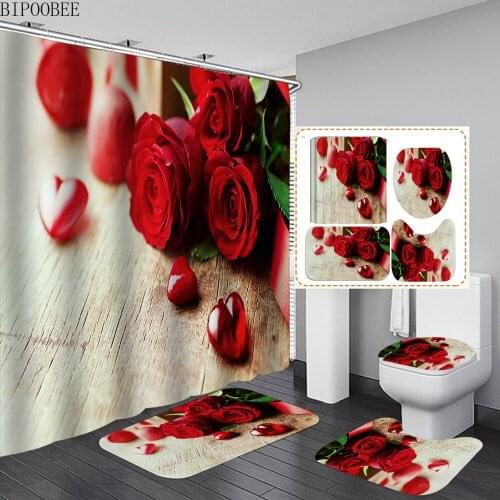 Red Rose Pattern Toilet Lid Cover Bath Mats Rugs Valentines Day Fabric Shower Curtains Waterproof Bathroom Curtain Set