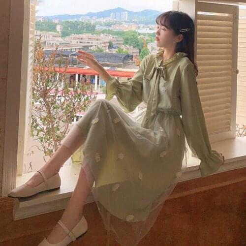 Elegant College Fashion Long-sleeved Dress Ladies Patchwork Bow Tie Embroidery Causal Holiday Ur-zang Empire Cute Autumn Apricot