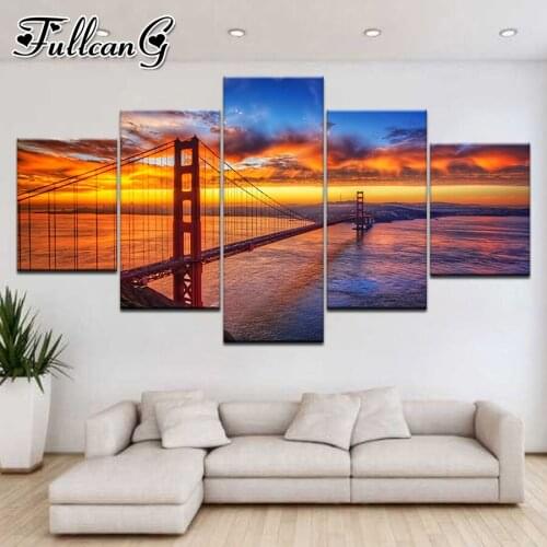 FULLCANG Suspension bridge sea scenery 5 piece diy diamond painting full square round drill mosaic embroidery sale FC3425