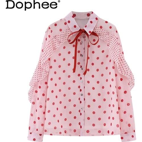 Ruffled Design Lace-up Polka Dots Chiffon Blouses Women 2021 Spring Long Sleeve Fashion Loose Women Pink Shirts
