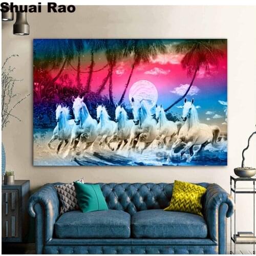 Paintings with rhinestones diamond embroidery Seven Horses diamond Painting cross stitch mosaic Mosaic decor Sunset scenery