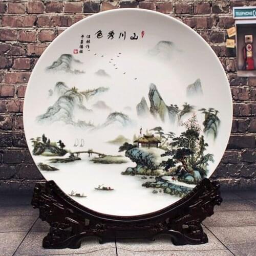 Ceramic Porcelain Decoration Plate Artistic Collection with Scenery Painting for Chinese Style Home Decoration