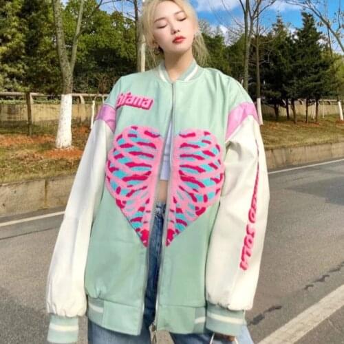 Ins Skulls Heart Print Hip Hop Jacket Coat Women Outerwear Oversized Vintage Brand Streetwear Teens Jackets 2021 Spring New Lady