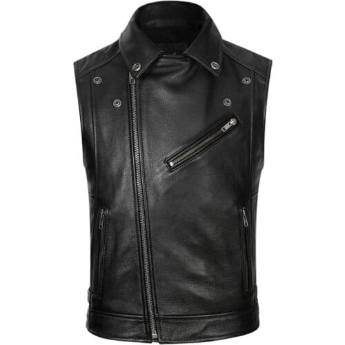 Mens Classic Genuine Leather Motorcycle Biker Vintage Vest Black Zippered Pockets Thick Real Leather Biker Vests Waistcoat