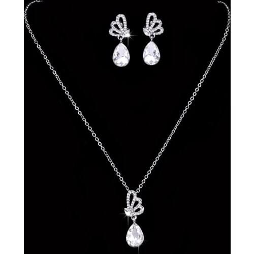 Cute Female Crystal Butterfly Jewelry Set Charm Silver Color Dangle Earring For Women Dainty White Zircon Wedding Chain Necklace