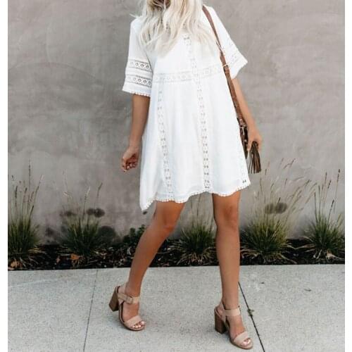 Cover-ups 2020 White Tunic Sexy Hollow Out O-Neck Beach Blouse Mini Dress Summer Women Beach Wear Swim Suit Cover Up Sarong Q028