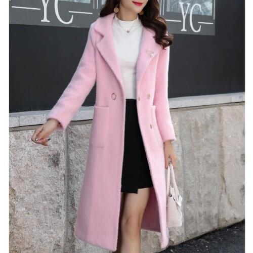 2021 Autumn And Winter Women Golden Mink Long Coat Wool & Blends Slim Overcoat Women Pink Coats Plus Size Xxxxl