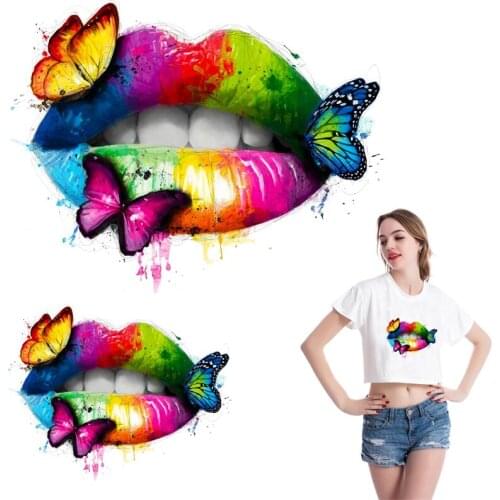 Pulaqi Lips Patch Iron On Transfer Fashion Butterfly Stripe Vinyl Heat Patches For Clothing Thermal Stickers On Clothes Applique