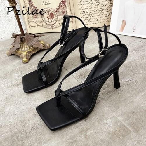 Pzilae fashion summer high heel sandals sexy narrow band stiletto ladies shoes square toe black thong sandals woman ruway shoes