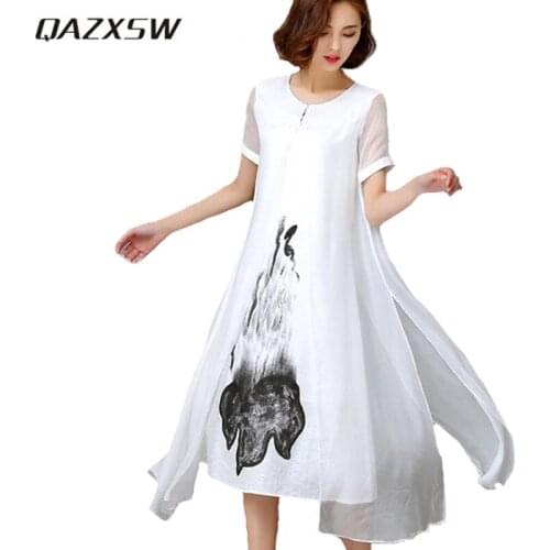 QAZXSW New Spring Summer White Black Ink Print Women Long Dress Retro Short Sleeve Cotton Linen Designs Casual Dresses YX171