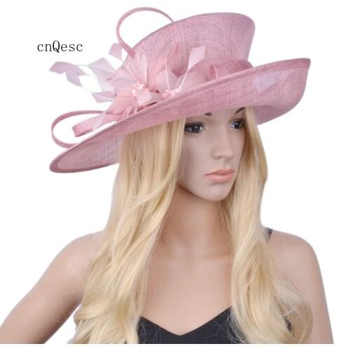Blush pink big brim sinamay hat for Church