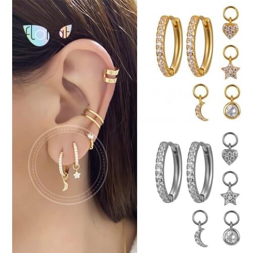 4Pcs/Set 925 Sterling Silver Ear Buckle CZ Hoop Earrings For Women Moon/Star/Cross/Bead Circle Earrings Jewelry Pendientes