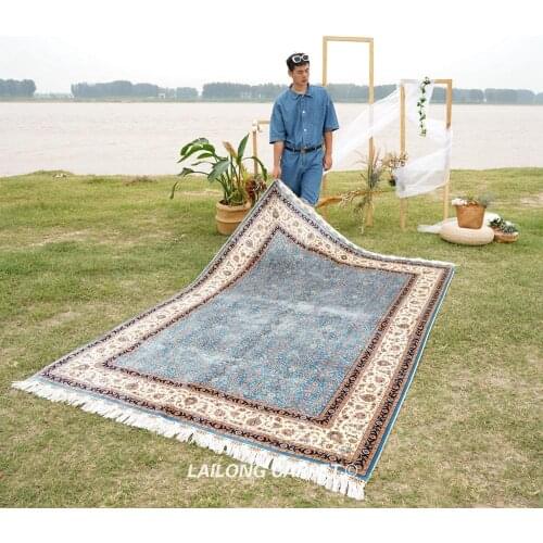 6'x9' Blue Silk Area Rugs Hand Knotted Flowers Handmade Chinese Carpet (YWX132A)