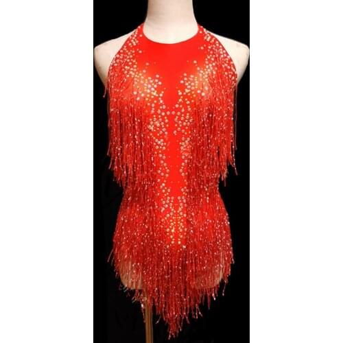 Sexy Backless Red Tassels Rhinestones Bodysuit Female Costume Nightclub DJ Singer Jazz Stage Wear Dance Teams Performance Outfit