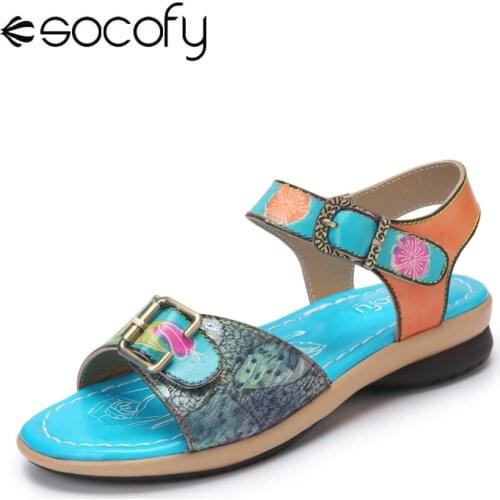 Socofy Retro Bohemian Floral Print Splicing Genuine Leather Comfy Hook Loop Flat Slides Sandals Womens Fashion Summer Sandals