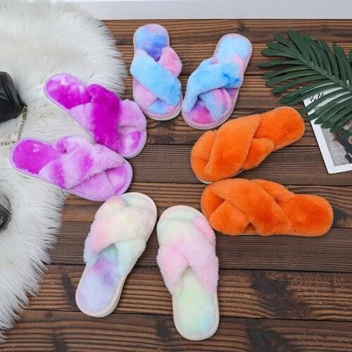 Warm Fluffy Slippers Women Cozy Fur Cross Indoor Floor Slides Flat Soft Furry Shoes Ladies Female Flip Flops chinelo feminino