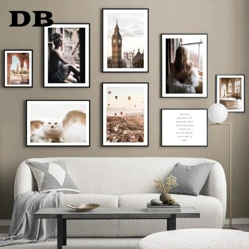 Hot Air Balloon Bell Tower Arch Owl Ballet Girl Nordic Poster Wall Art Print Canvas Painting Decoration Pictures For Living Room