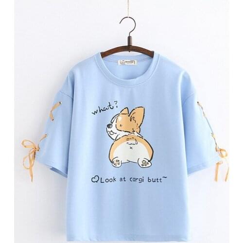 Merry Pretty Women Cartoon Dog Print T Shirts 2020 Summer Short Sleeve O-Neck Cotton Tops Sweet Style Harajuku Lace Up Tops Tees