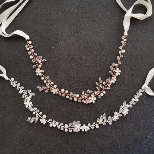 SLBRIDAL Handmade Crystal Rhinestones Pearls Flower Wedding Hair Vine Headband Bridal Hair accessories Bridesmaids Women Jewelry