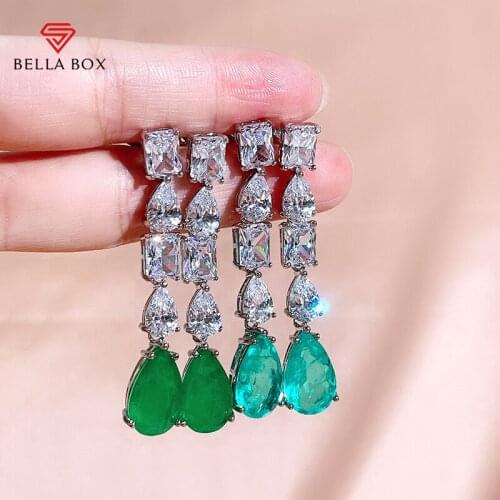 Bella Box Paraiba Emeralds Drop Earrings For Women 925 Sterling Silver Zircon Luxury 10*16mm Water Drop Anniversary Fine Jewelry