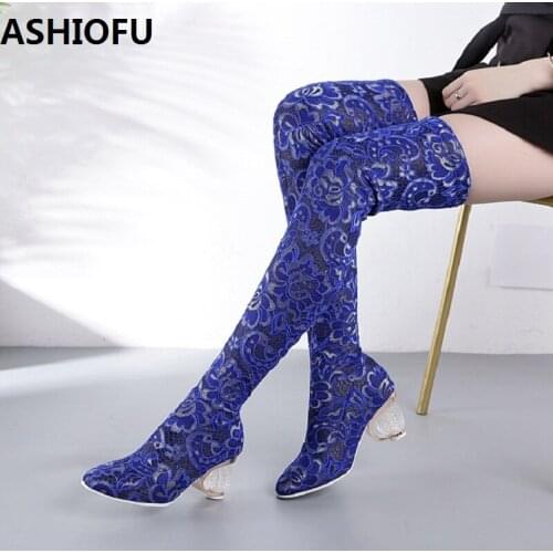 ASHIOFU Handmade Womens Thigh High Boots Sexy Party Prom Over Knee Boots Large Size Dress Evening Fashion Long Boots Shoes