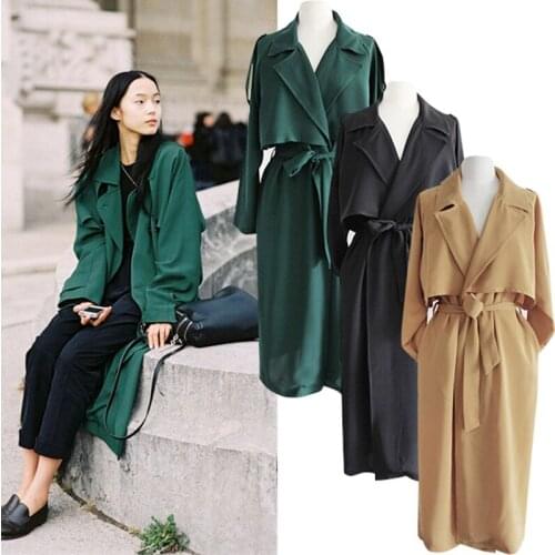 Spring Autumn Women Long Coat Trench Oversize Loose Windbreaker Drape Green Black Thin Coats Female Solid Elegant Outerwear