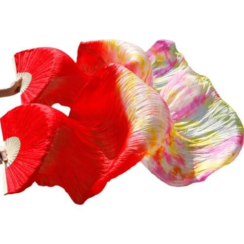 100% Silk Mixed Colors Stage Performance Dance Fans Red+Multicolor Dance Props 180x90cm Women Belly Dancing Fan Veils (2 Pieces)