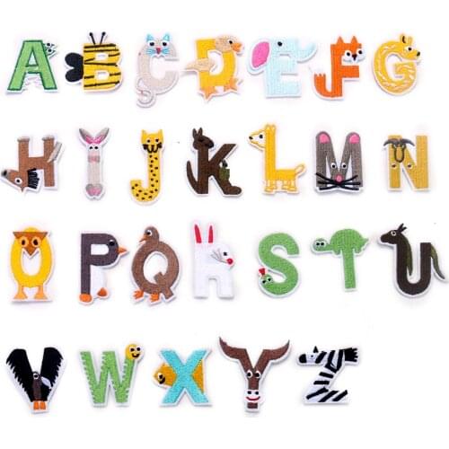 26PCS English Letter Alphabet Iron on Patches for Clothes Sticker Cartoon Animal Giraffe Embroidery Applique Stripes Name Badge